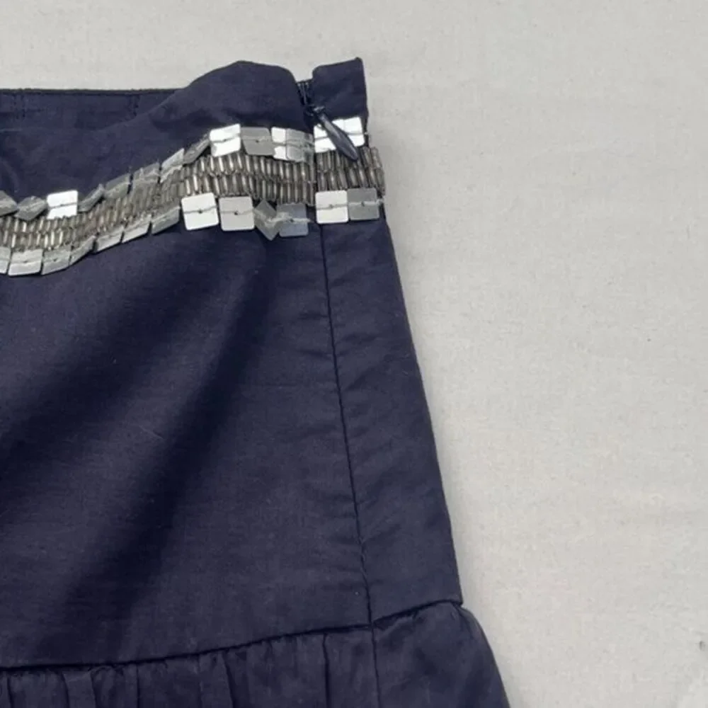 Tory Burch Cotton Voile Midi Skirt Size 10 Navy‎ Blue Beaded Sequins Gyspy Boho